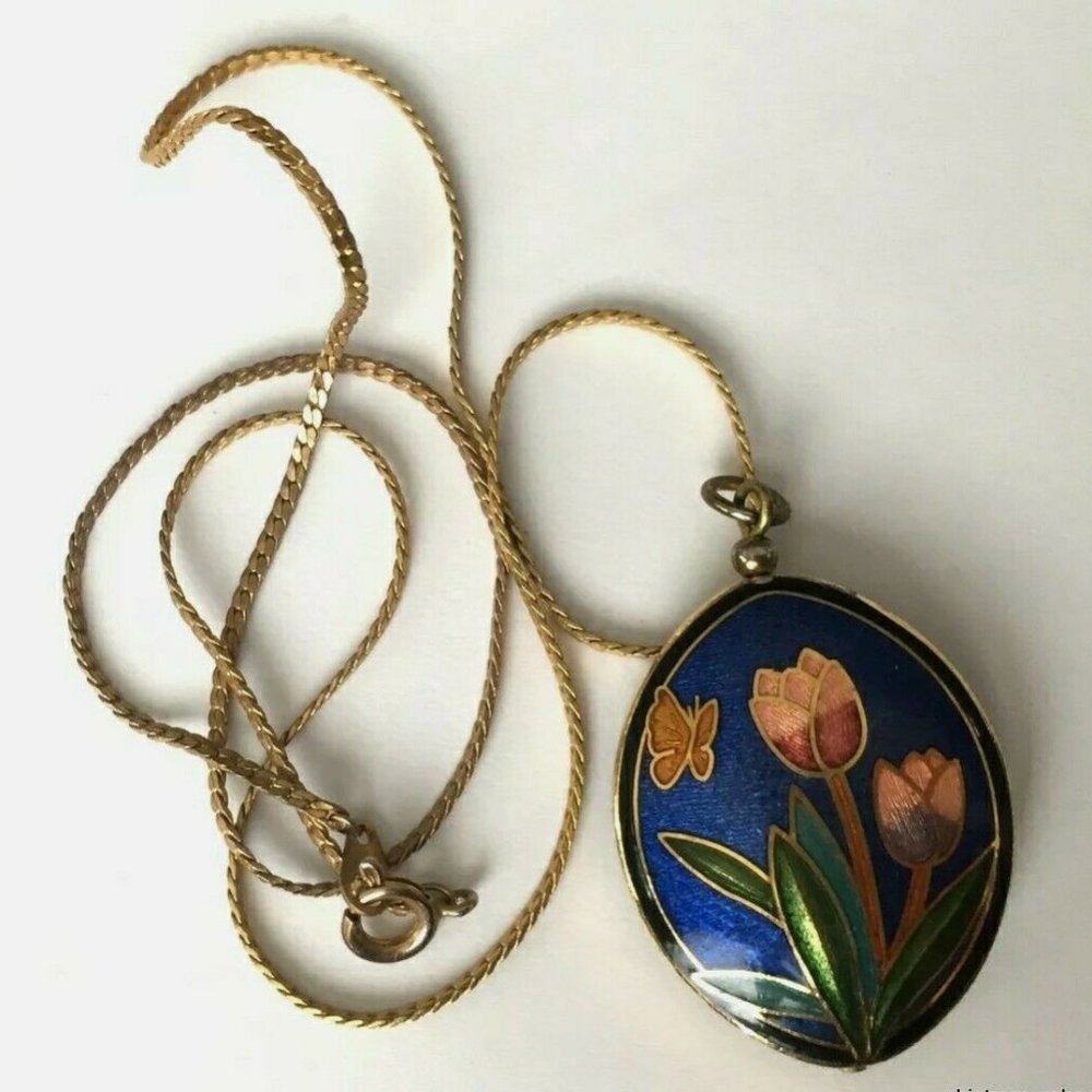 Vintage Necklace Pendant Cloisonne Enamel Blue